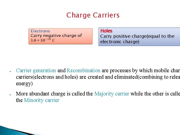 Charge Carriers ● ● Holes Carry positive charge(equal to the electronic charge) Carrier generation