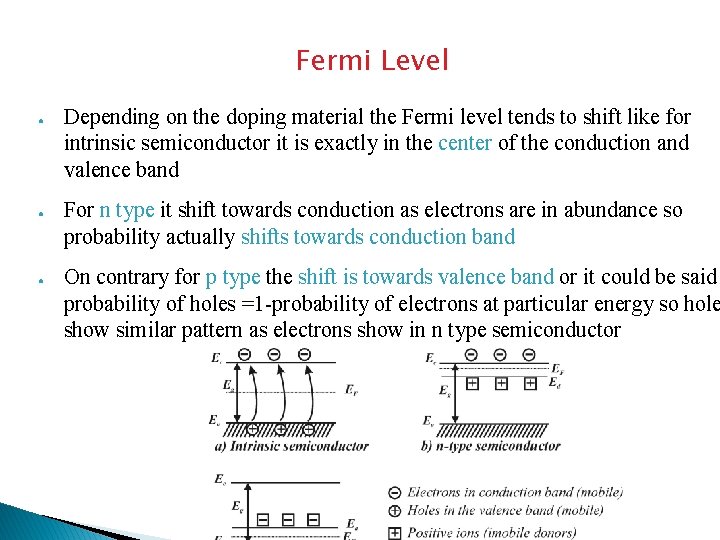 Fermi Level ● ● ● Depending on the doping material the Fermi level tends