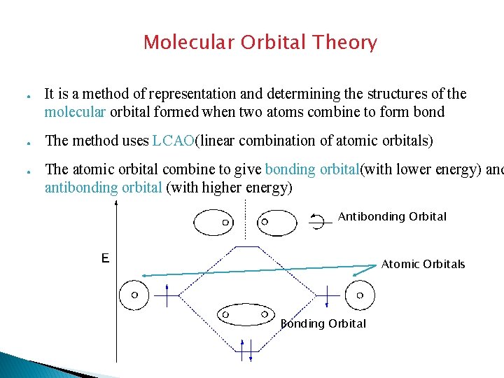 Molecular Orbital Theory ● ● ● It is a method of representation and determining