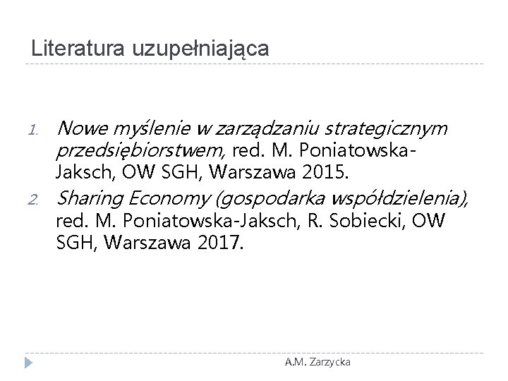 Literatura uzupełniająca 1. Nowe myślenie w zarządzaniu strategicznym przedsiębiorstwem, red. M. Poniatowska. Jaksch, OW