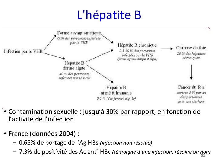 L’hépatite B • Contamination sexuelle : jusqu’à 30% par rapport, en fonction de l’activité
