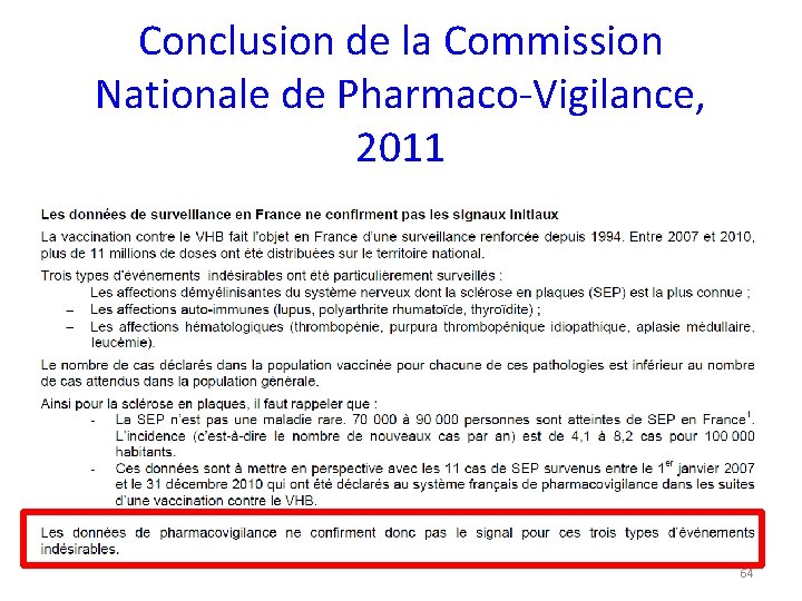 Conclusion de la Commission Nationale de Pharmaco-Vigilance, 2011 64 