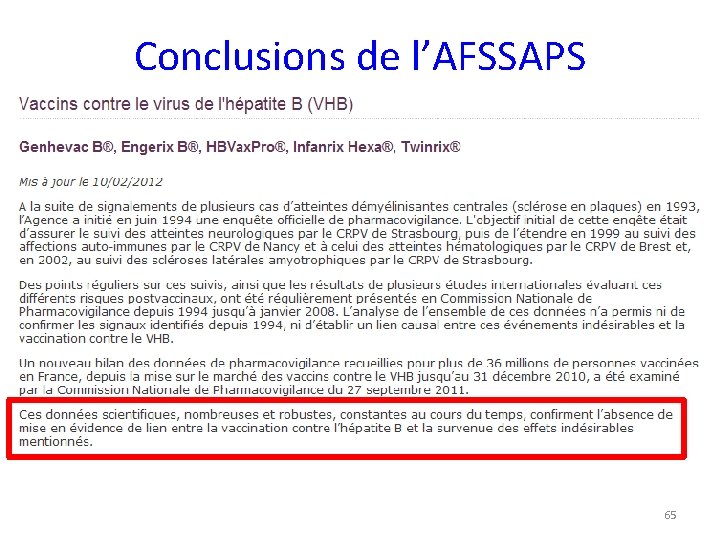 Conclusions de l’AFSSAPS 65 