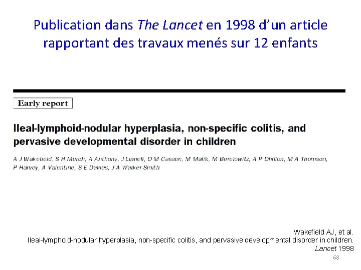 Publication dans The Lancet en 1998 d’un article rapportant des travaux menés sur 12