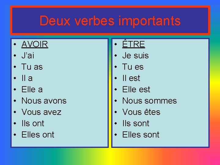 Deux verbes importants • • • AVOIR J’ai Tu as Il a Elle a