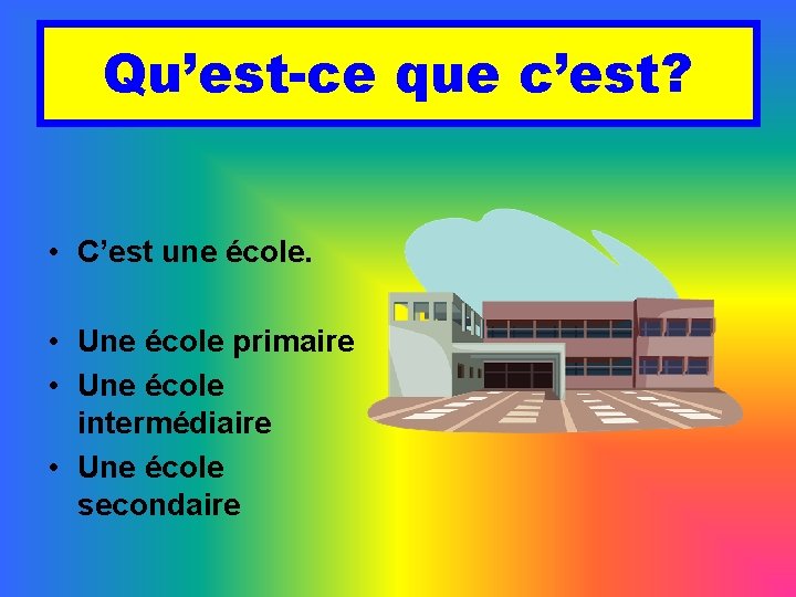 Qu’est-ce que c’est? • C’est une école. • Une école primaire • Une école