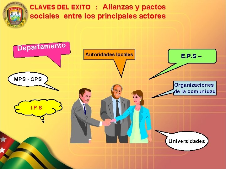 Alianzas y pactos sociales entre los principales actores CLAVES DEL EXITO : Departamento Autoridades