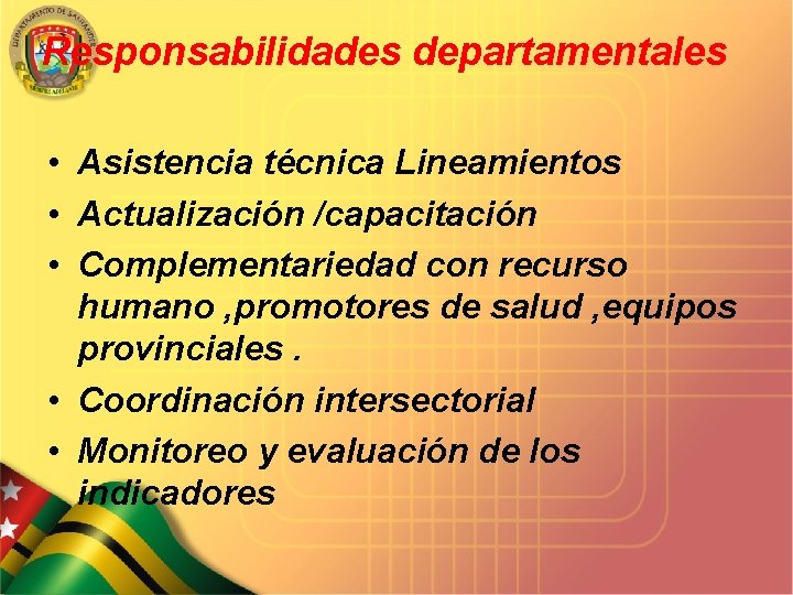 Responsabilidades departamentales • Asistencia técnica Lineamientos • Actualización /capacitación • Complementariedad con recurso humano