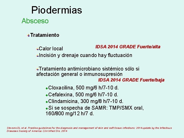 Piodermias Absceso Tratamiento IDSA 2014 GRADE Fuerte/alta Calor local Incisión y drenaje cuando hay