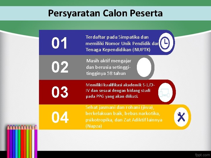 Persyaratan Calon Peserta 01 Terdaftar pada Simpatika dan memiliki Nomor Unik Pendidik dan Tenaga