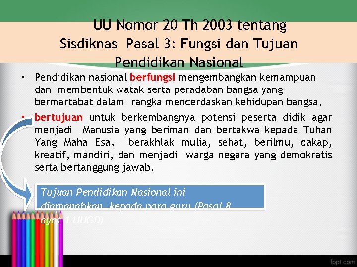 UU Nomor 20 Th 2003 tentang Sisdiknas Pasal 3: Fungsi dan Tujuan Pendidikan Nasional