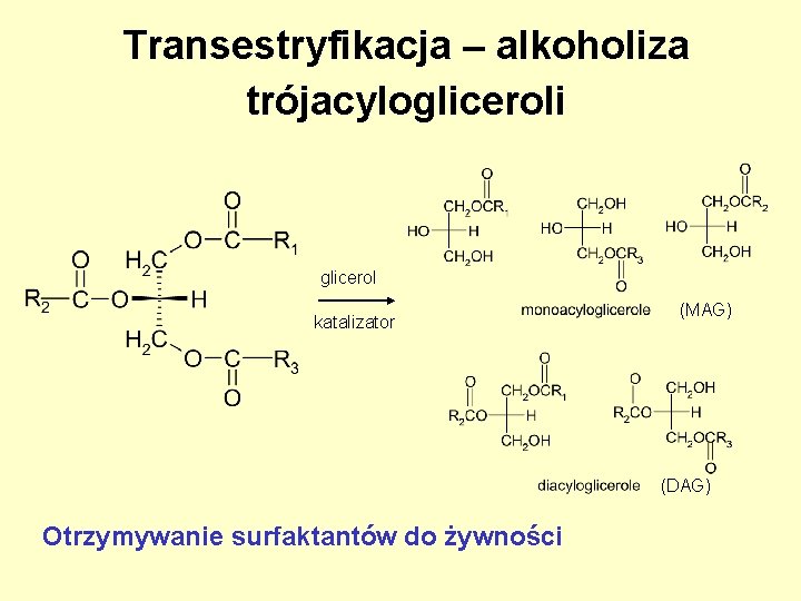 Transestryfikacja – alkoholiza trójacylogliceroli glicerol katalizator (MAG) (DAG) Otrzymywanie surfaktantów do żywności 