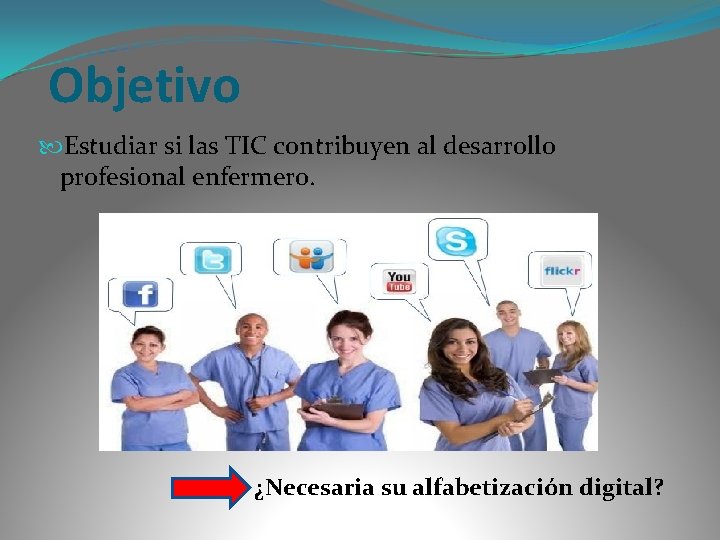 Objetivo Estudiar si las TIC contribuyen al desarrollo profesional enfermero. ¿Necesaria su alfabetización digital?