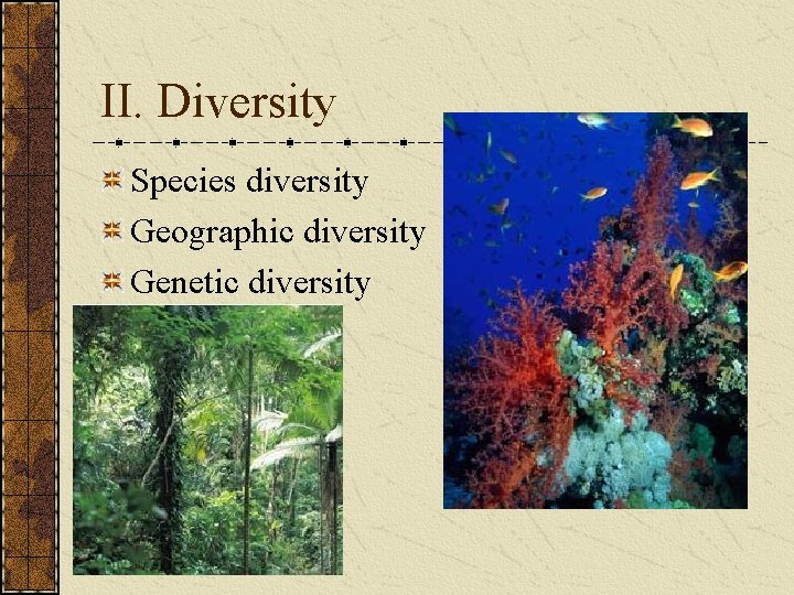 II. Diversity Species diversity Geographic diversity Genetic diversity 