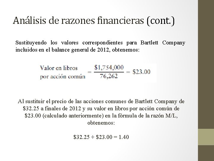 Análisis de razones financieras (cont. ) Sustituyendo los valores correspondientes para Bartlett Company incluidos