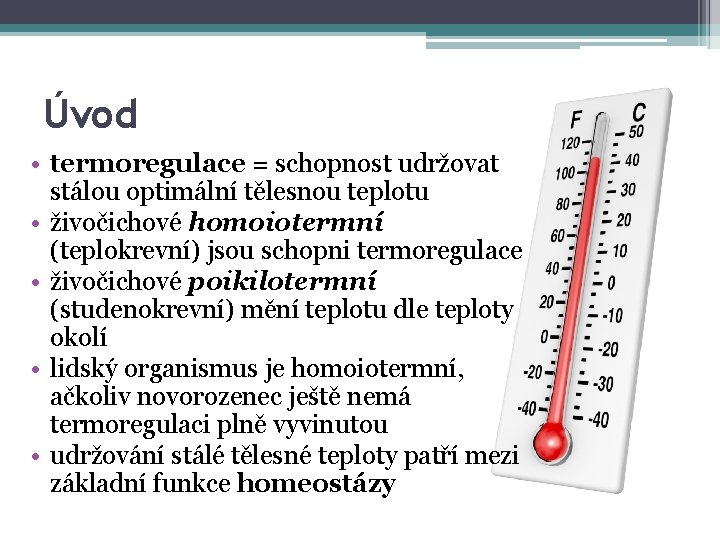 Úvod • termoregulace = schopnost udržovat stálou optimální tělesnou teplotu • živočichové homoiotermní (teplokrevní)