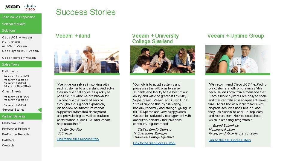 Joint Value Proposition Success Stories Vertical Markets Solutions Cisco UCS + Veeam + iland