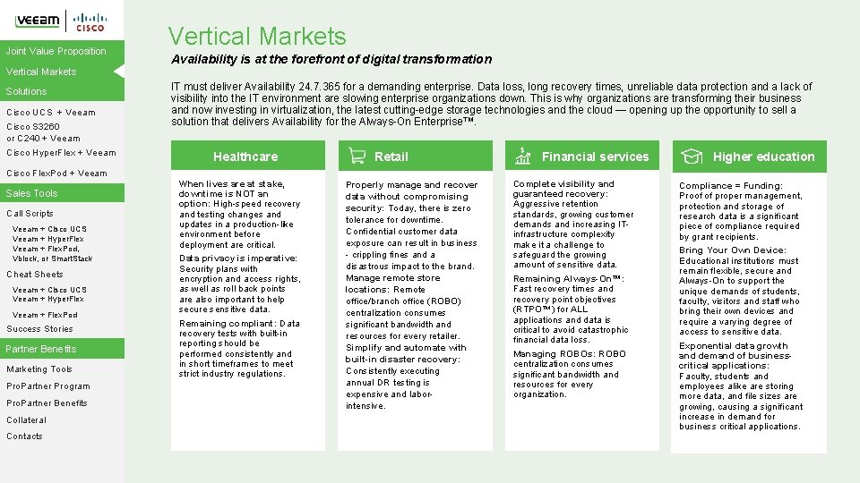 Joint Value Proposition Vertical Markets Solutions Cisco UCS + Veeam Cisco S 3260 or