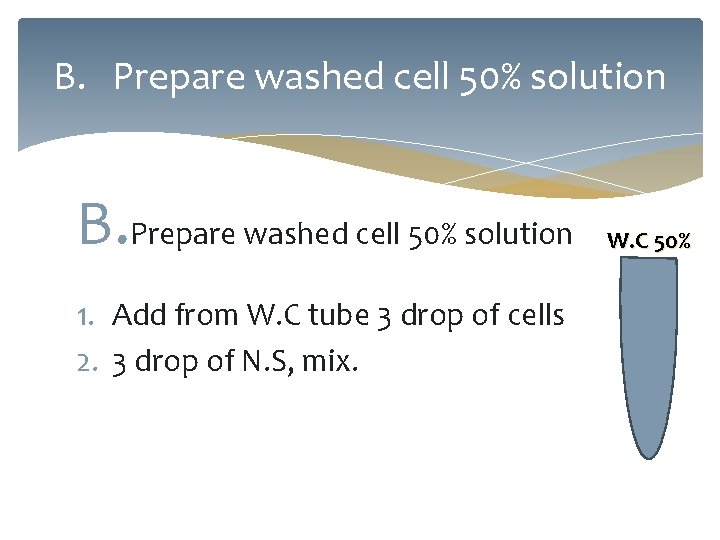 B. Prepare washed cell 50% solution 1. Add from W. C tube 3 drop