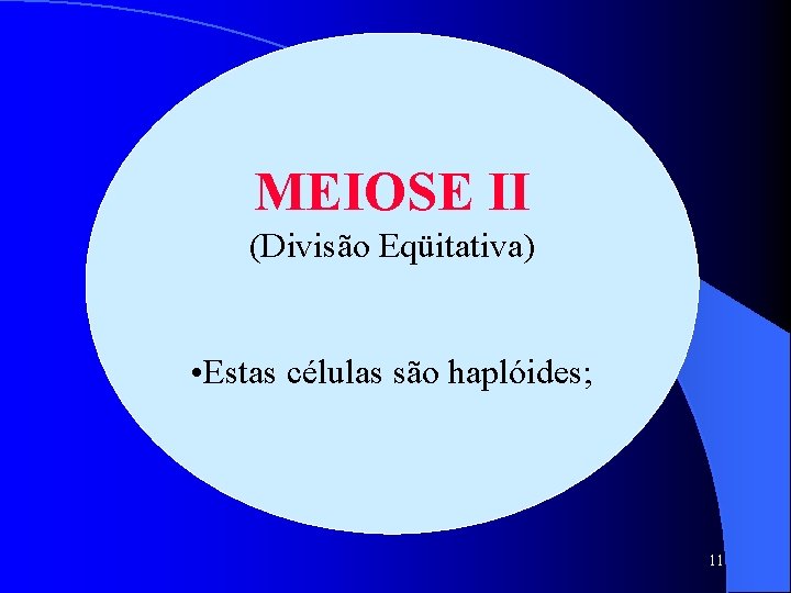 MEIOSE II (Divisão Eqüitativa) • Estas células são haplóides; 11 