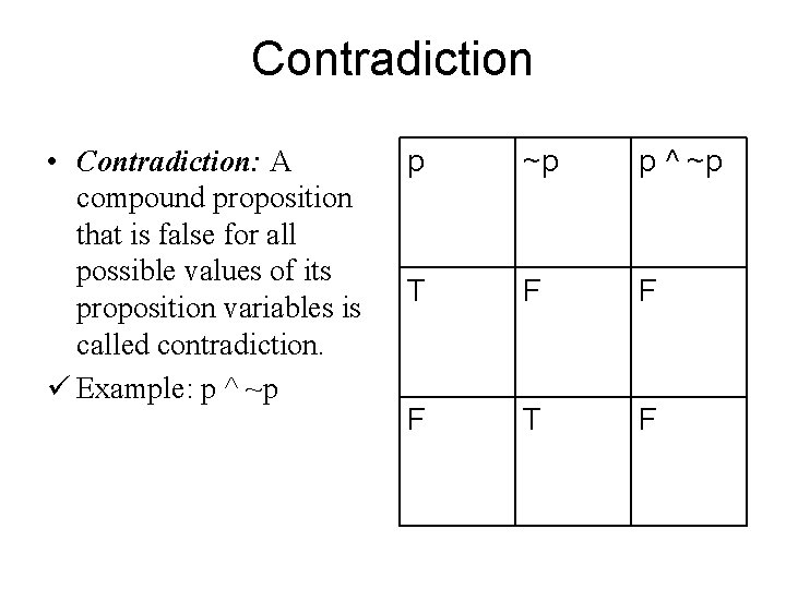 Contradiction • Contradiction: A compound proposition that is false for all possible values of