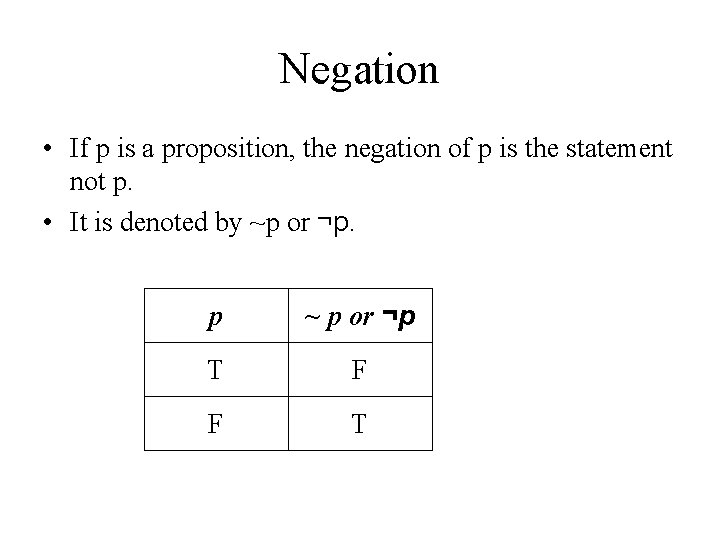 Negation • If p is a proposition, the negation of p is the statement