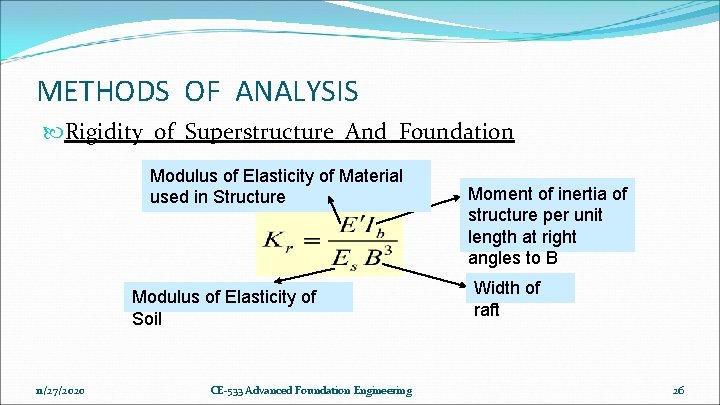 METHODS OF ANALYSIS Rigidity of Superstructure And Foundation Modulus of Elasticity of Material used METHODS OF ANALYSIS Rigidity of Superstructure And Foundation Modulus of Elasticity of Material used
