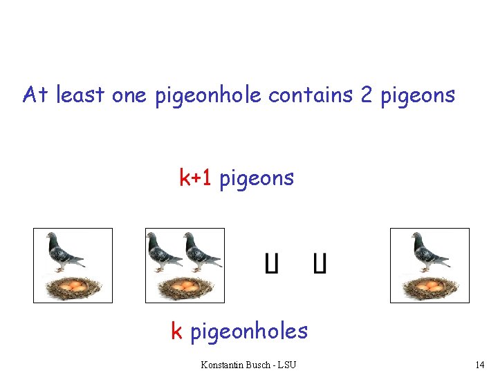 At least one pigeonhole contains 2 pigeons k+1 pigeons k pigeonholes Konstantin Busch -