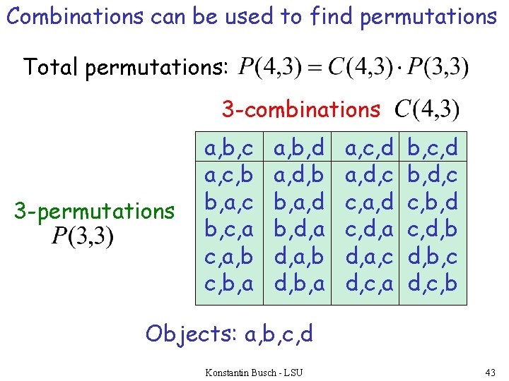 Combinations can be used to find permutations Total permutations: 3 -combinations 3 -permutations a,