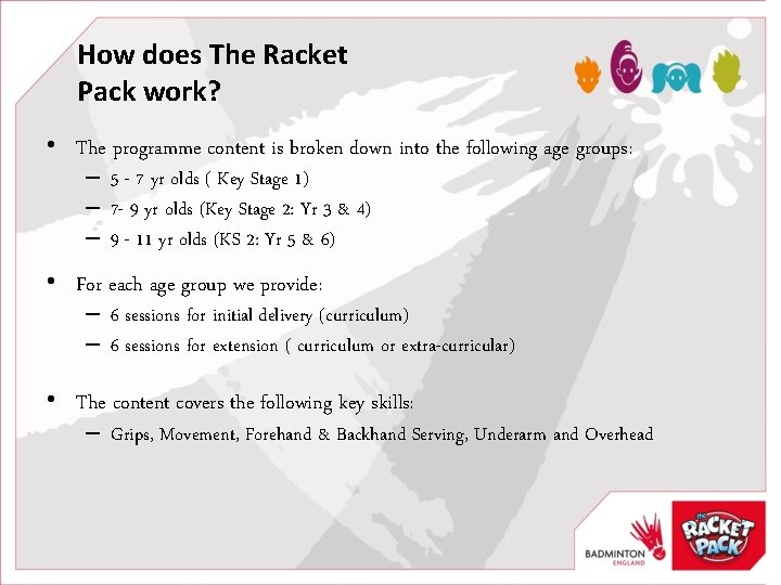 How does The Racket Pack work? • The programme content is broken down into