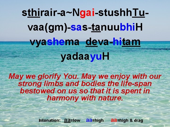 sthirair-a~Ngai-stushh. Tuvaa(gm)-sas-tanuubhi. H vyashema deva-hitam yadaayu. H May we glorify You. May we enjoy