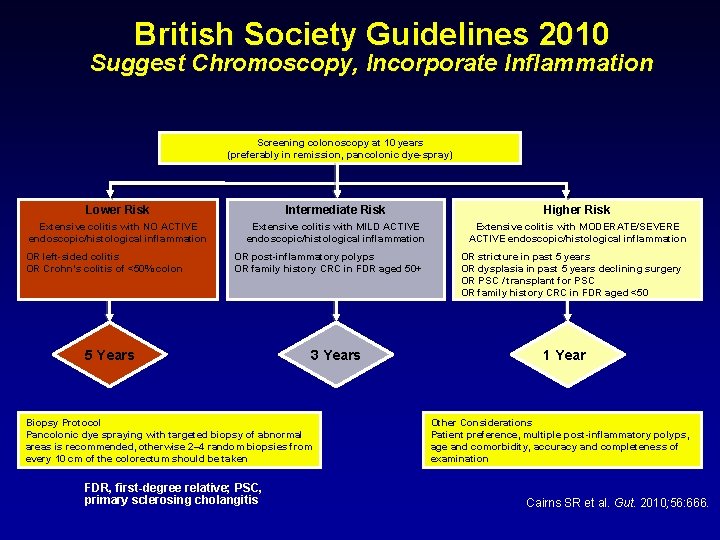 British Society Guidelines 2010 Suggest Chromoscopy, Incorporate Inflammation Screening colonoscopy at 10 years (preferably