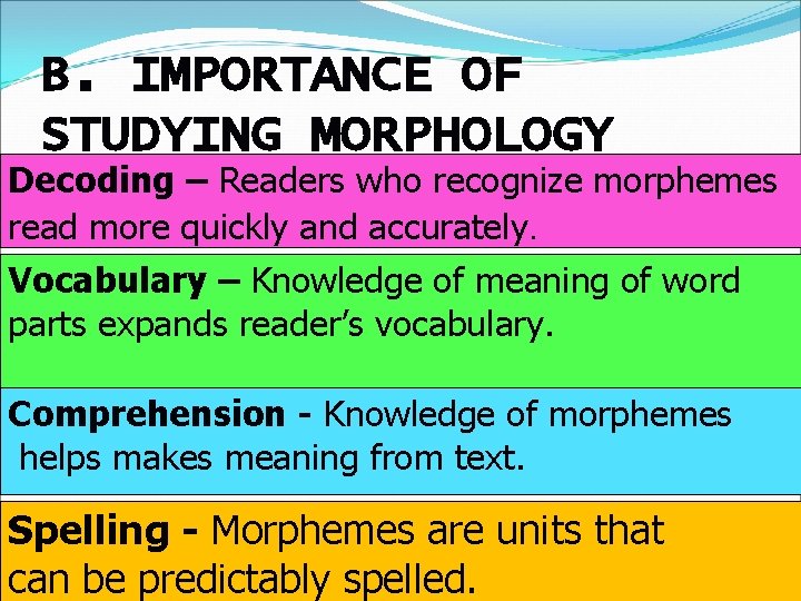 B. IMPORTANCE OF STUDYING MORPHOLOGY Decoding – Readers who recognize morphemes read more quickly