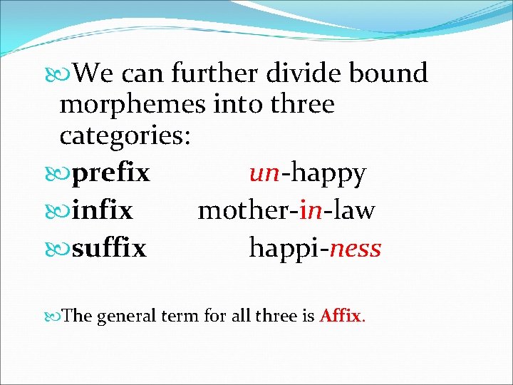  We can further divide bound morphemes into three categories: prefix un-happy infix mother-in-law