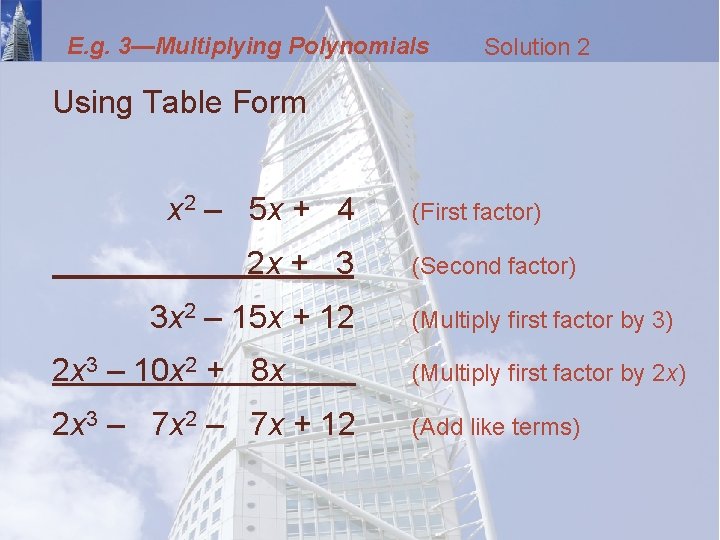 E. g. 3—Multiplying Polynomials Solution 2 Using Table Form x 2 – 5 x