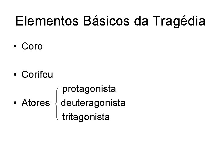 Elementos Básicos da Tragédia • Coro • Corifeu protagonista • Atores deuteragonista tritagonista 