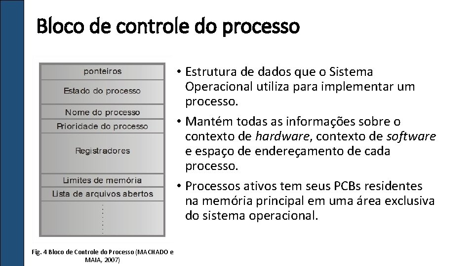 Bloco de controle do processo • Estrutura de dados que o Sistema Operacional utiliza