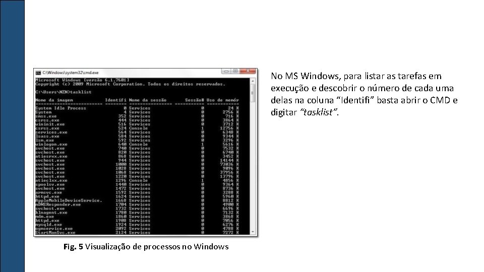 No MS Windows, para listar as tarefas em execução e descobrir o número de