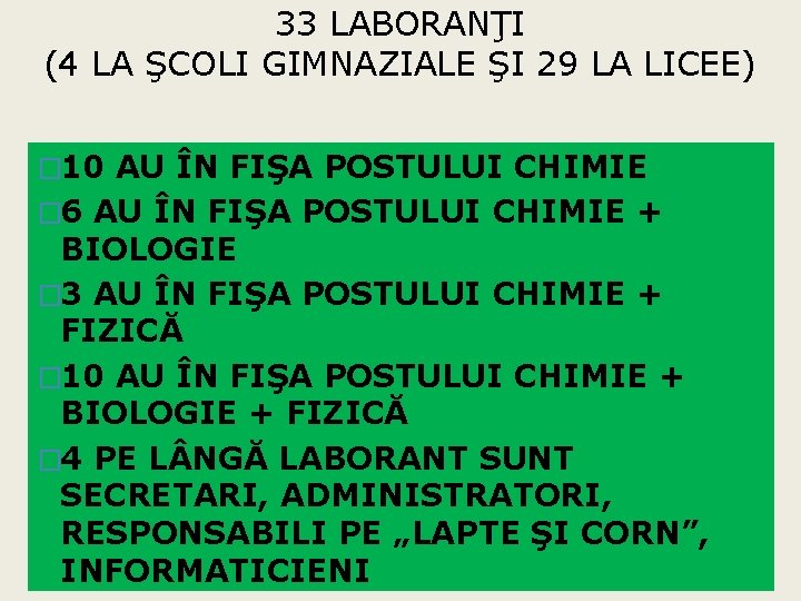 33 LABORANŢI (4 LA ŞCOLI GIMNAZIALE ŞI 29 LA LICEE) � 10 AU ÎN