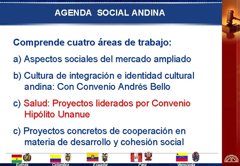 AGENDA SOCIAL ANDINA Comprende cuatro áreas de trabajo: a) Aspectos sociales del mercado ampliado