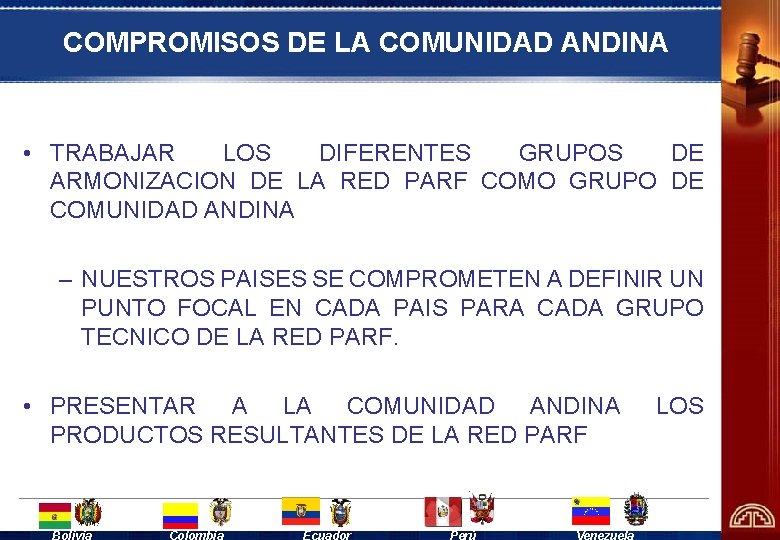 COMPROMISOS DE LA COMUNIDAD ANDINA • TRABAJAR LOS DIFERENTES GRUPOS DE ARMONIZACION DE LA