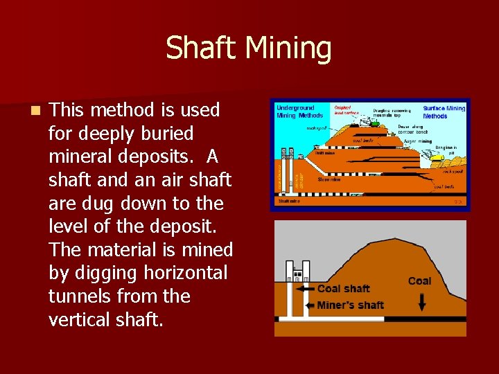 Shaft Mining n This method is used for deeply buried mineral deposits. A shaft