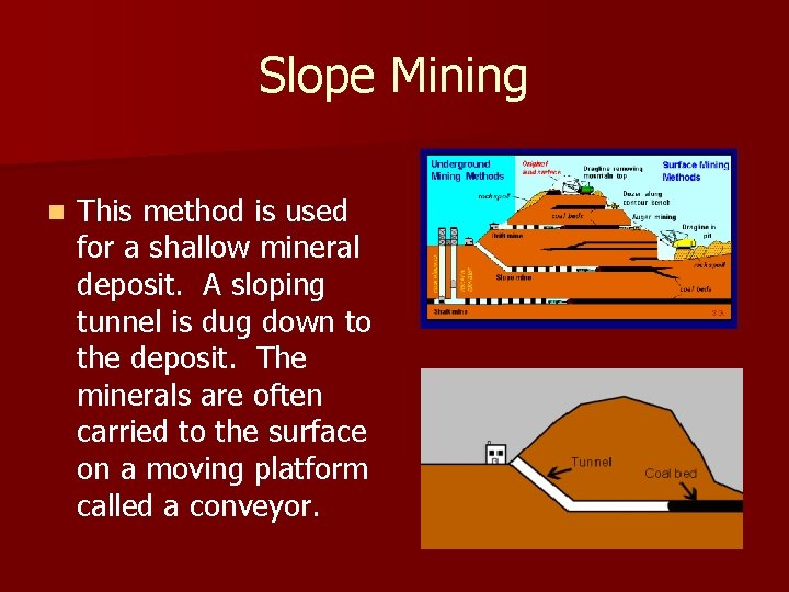 Slope Mining n This method is used for a shallow mineral deposit. A sloping