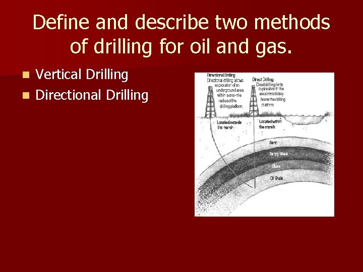 Define and describe two methods of drilling for oil and gas. Vertical Drilling n