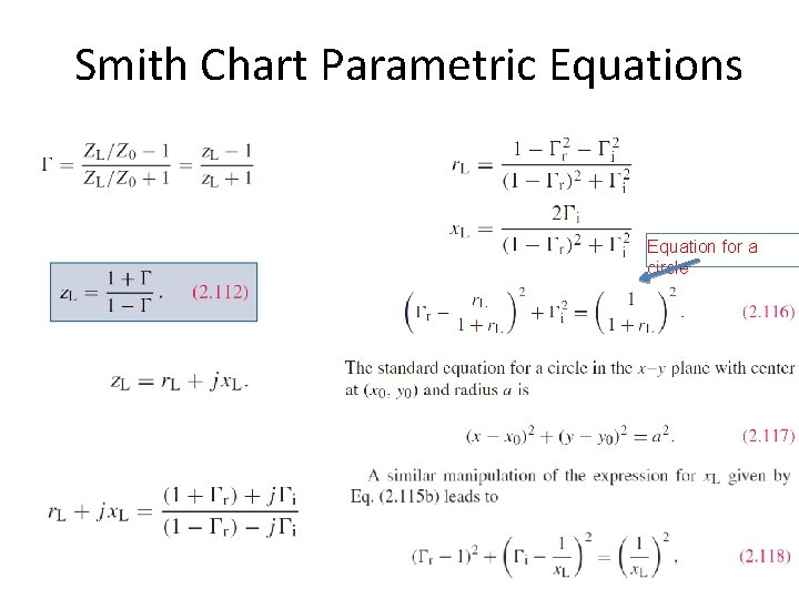 Smith Chart Parametric Equations Equation for a circle Smith Chart Parametric Equations Equation for a circle
