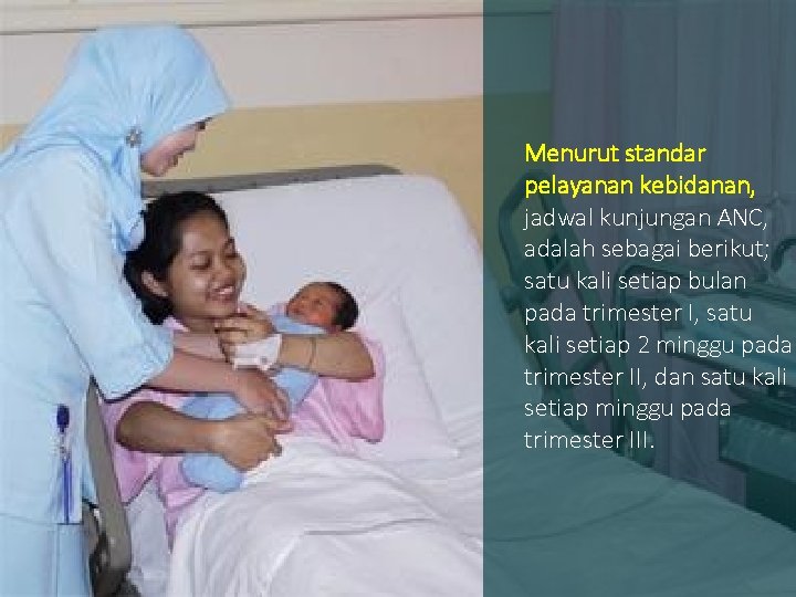 Menurut standar pelayanan kebidanan, jadwal kunjungan ANC, adalah sebagai berikut; satu kali setiap bulan