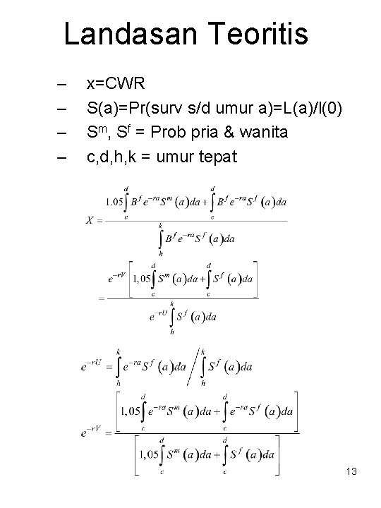 Landasan Teoritis – – x=CWR S(a)=Pr(surv s/d umur a)=L(a)/l(0) Sm, Sf = Prob pria