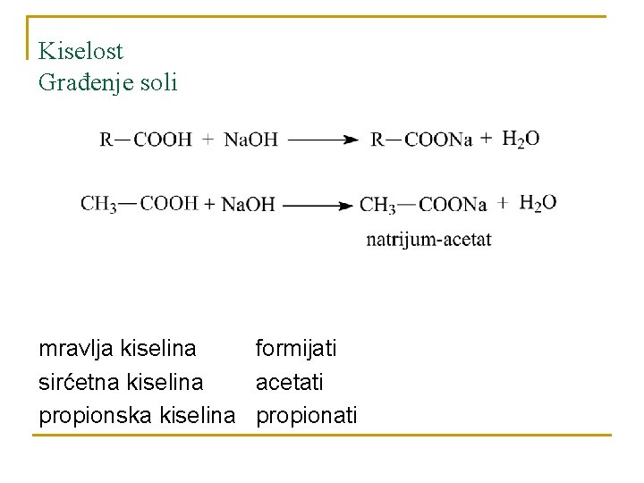 Kiselost Građenje soli mravlja kiselina formijati sirćetna kiselina acetati propionska kiselina propionati 