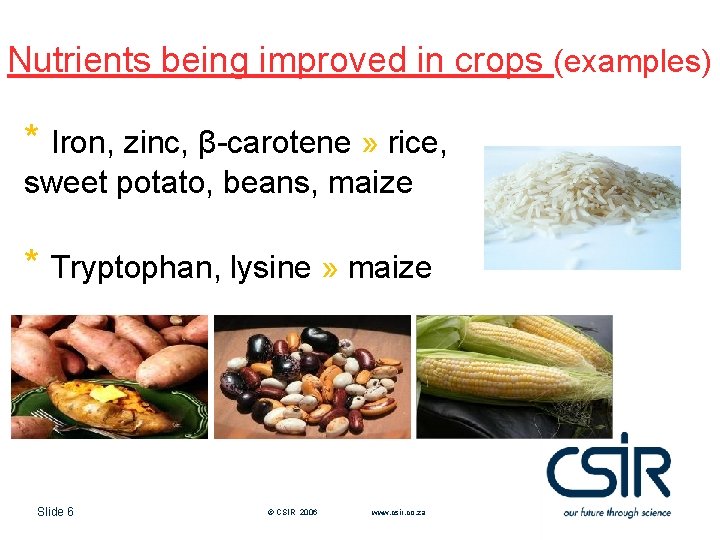 Nutrients being improved in crops (examples) * Iron, zinc, β-carotene » rice, sweet potato,