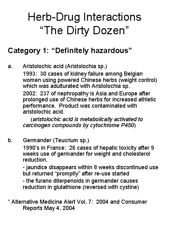 Herb-Drug Interactions “The Dirty Dozen” Category 1: “Definitely hazardous” a. Aristolochic acid (Aristolochia sp.